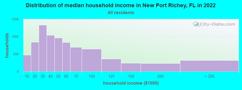 Distribution of median household income in New Port Richey, FL in 2021