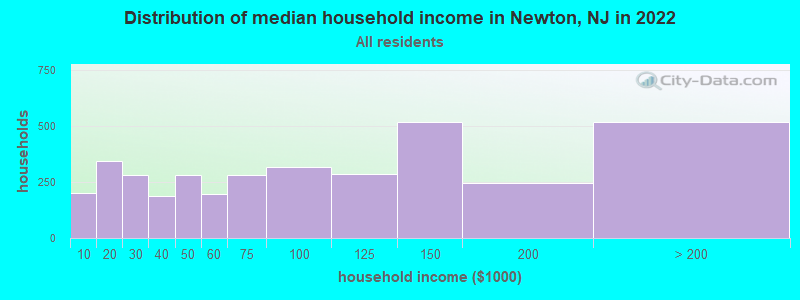 Distribution of median household income in Newton, NJ in 2019