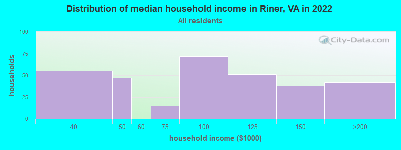 Distribution of median household income in Riner, VA in 2022