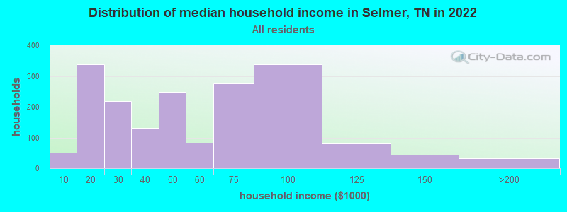 Distribution of median household income in Selmer, TN in 2022