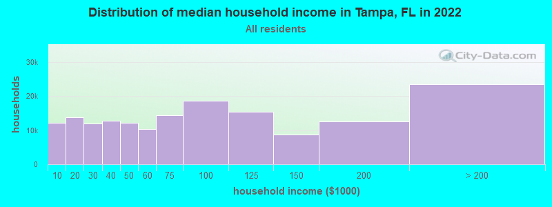 Distribution of median household income in Tampa, FL in 2019