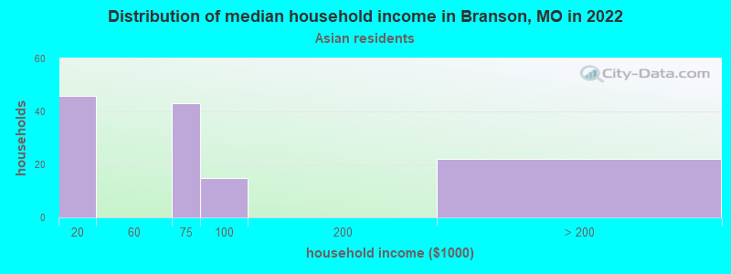 Distribution of median household income in Branson, MO in 2022