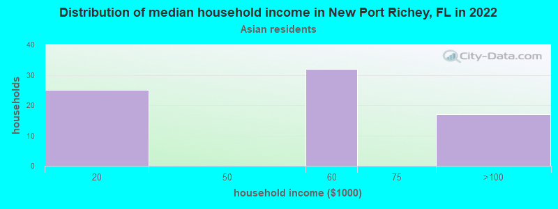 Distribution of median household income in New Port Richey, FL in 2022