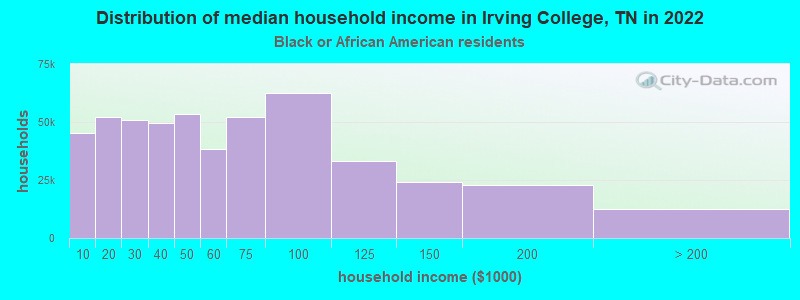 Distribution of median household income in Irving College, TN in 2022