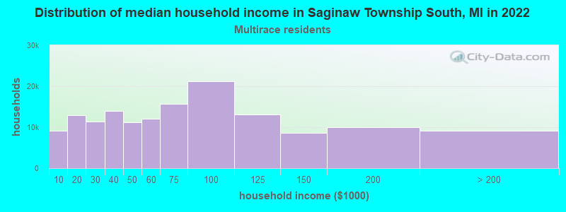 Distribution of median household income in Saginaw Township South, MI in 2022