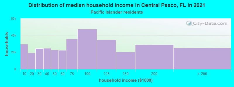 Distribution of median household income in Central Pasco, FL in 2022