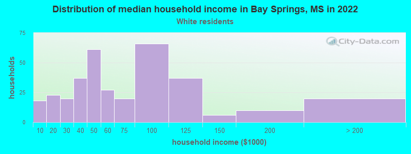 Distribution of median household income in Bay Springs, MS in 2022