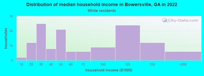 Distribution of median household income in Bowersville, GA in 2022