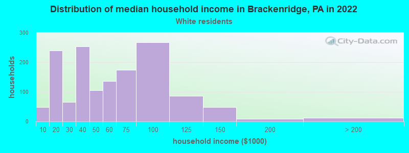 Distribution of median household income in Brackenridge, PA in 2022