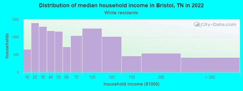 Distribution of median household income in Bristol, TN in 2022