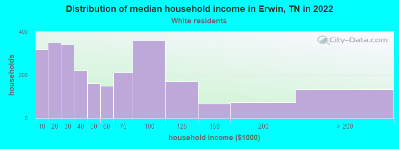 Distribution of median household income in Erwin, TN in 2022