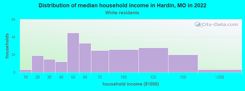 Distribution of median household income in Hardin, MO in 2022