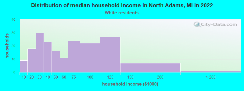 Distribution of median household income in North Adams, MI in 2022