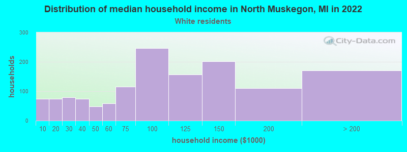 Distribution of median household income in North Muskegon, MI in 2022