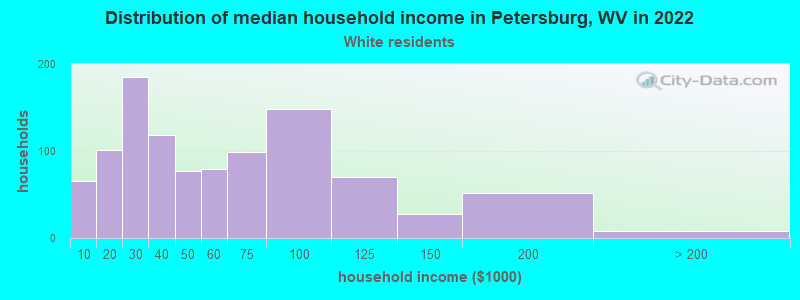 Distribution of median household income in Petersburg, WV in 2022