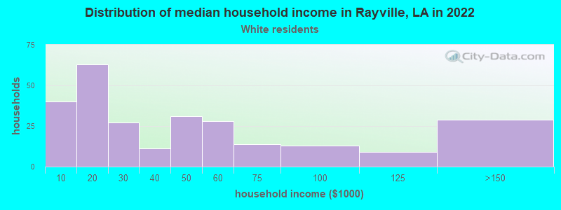 Distribution of median household income in Rayville, LA in 2022