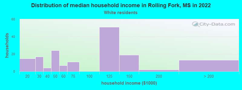 Distribution of median household income in Rolling Fork, MS in 2022