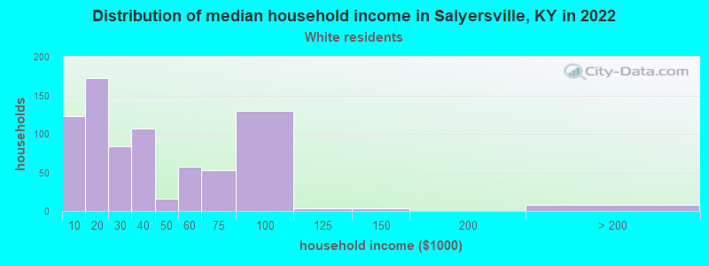 Distribution of median household income in Salyersville, KY in 2022