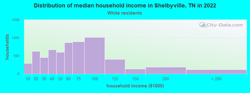 Distribution of median household income in Shelbyville, TN in 2022