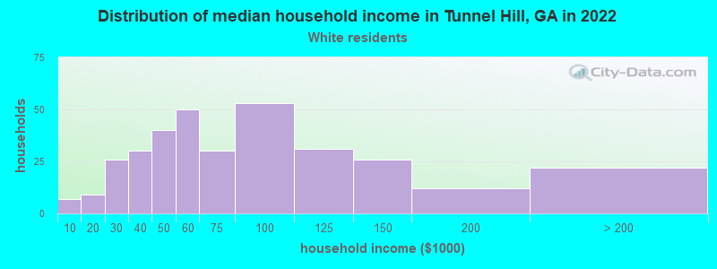 Distribution of median household income in Tunnel Hill, GA in 2022