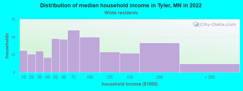 Distribution of median household income in Tyler, MN in 2022