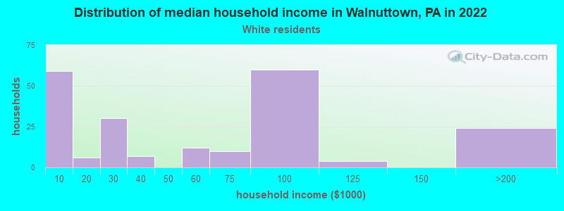 Distribution of median household income in Walnuttown, PA in 2022
