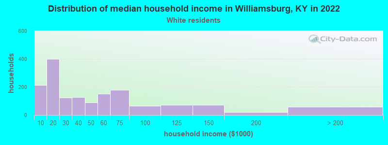 Distribution of median household income in Williamsburg, KY in 2022