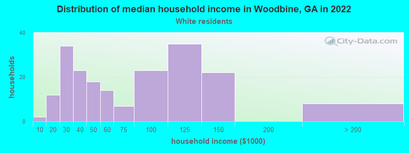 Distribution of median household income in Woodbine, GA in 2022