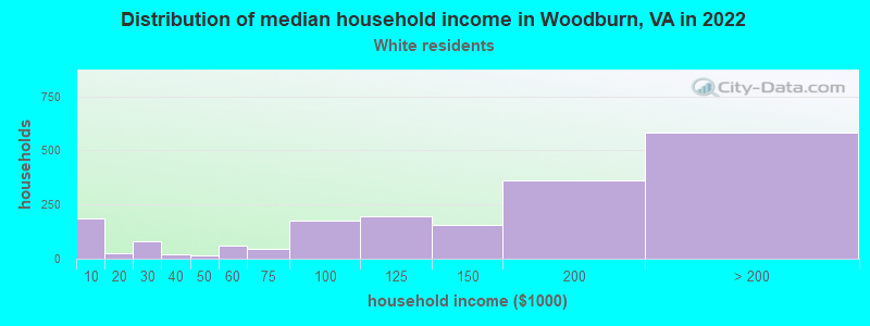 Distribution of median household income in Woodburn, VA in 2022