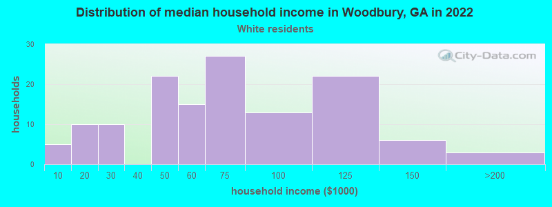 Distribution of median household income in Woodbury, GA in 2022