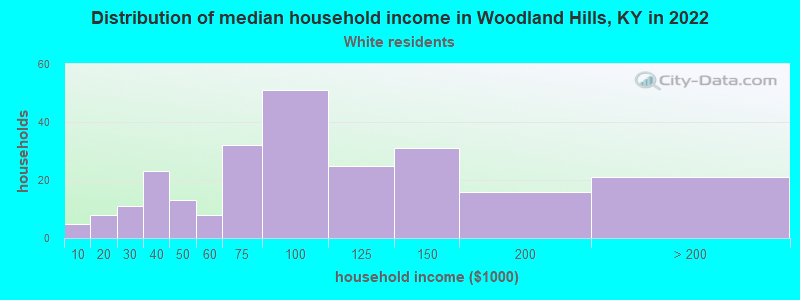 Distribution of median household income in Woodland Hills, KY in 2022