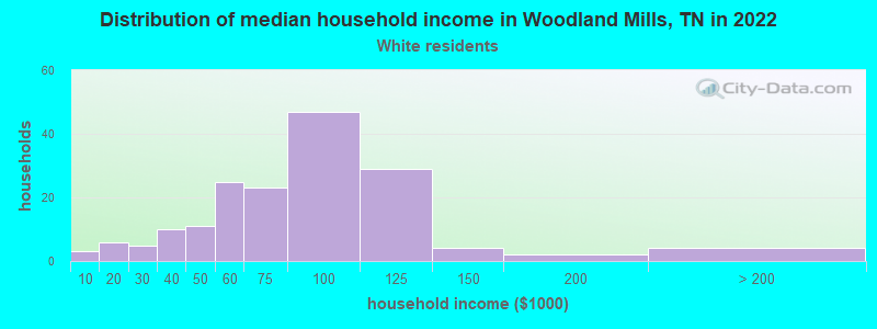 Distribution of median household income in Woodland Mills, TN in 2022