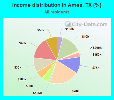 Income distribution in Ames, TX (%)