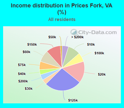 Income distribution in Prices Fork, VA (%)