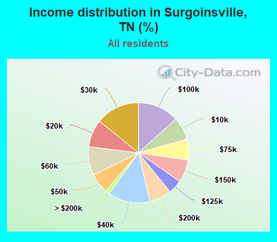 Income distribution in Surgoinsville, TN (%)