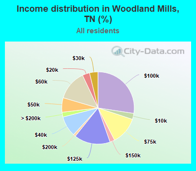 Income distribution in Woodland Mills, TN (%)