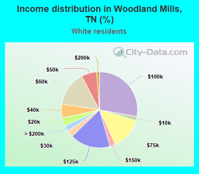 Income distribution in Woodland Mills, TN (%)