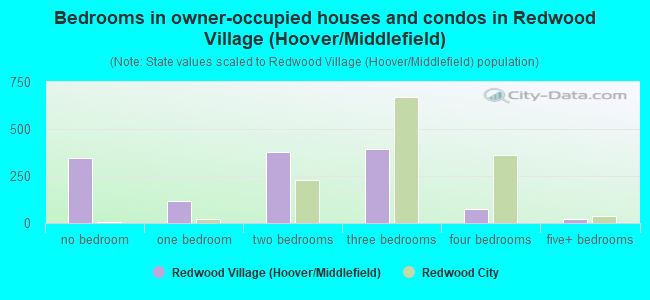Bedrooms in owner-occupied houses and condos in Redwood Village (Hoover/Middlefield)