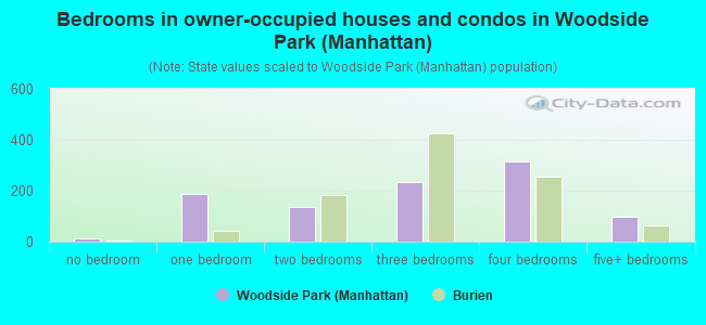 Bedrooms in owner-occupied houses and condos in Woodside Park (Manhattan)