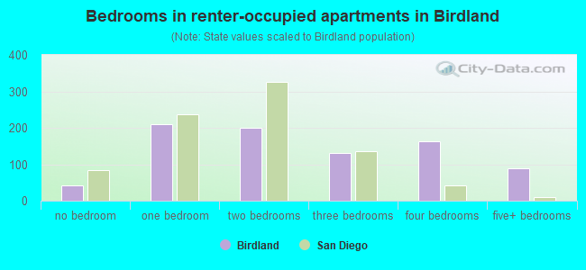 Bedrooms in renter-occupied apartments in Birdland