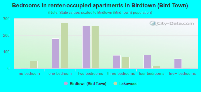 Bedrooms in renter-occupied apartments in Birdtown (Bird Town)