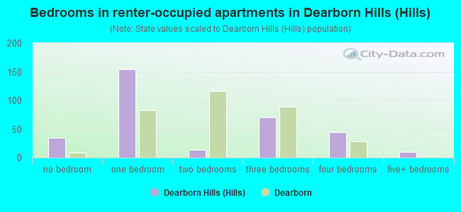 Bedrooms in renter-occupied apartments in Dearborn Hills (Hills)