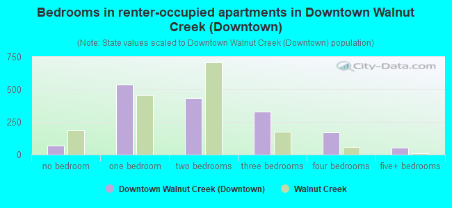 Bedrooms in renter-occupied apartments in Downtown Walnut Creek (Downtown)