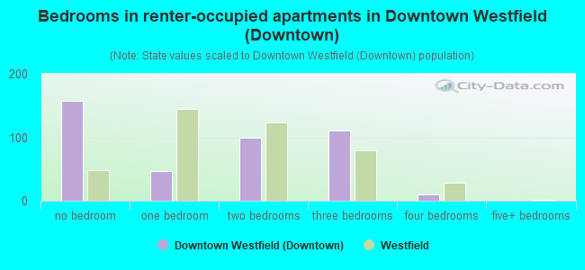Bedrooms in renter-occupied apartments in Downtown Westfield (Downtown)
