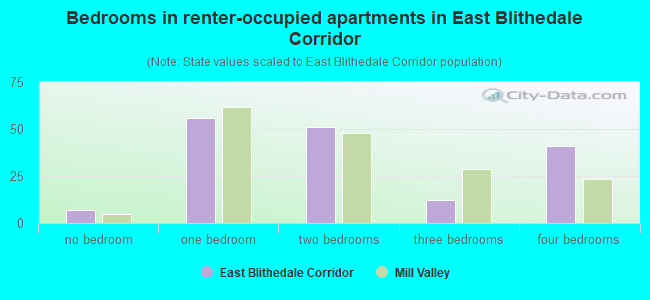 Bedrooms in renter-occupied apartments in East Blithedale Corridor