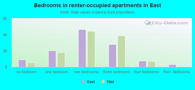 Bedrooms in renter-occupied apartments in East