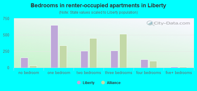 Bedrooms in renter-occupied apartments in Liberty