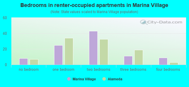 Bedrooms in renter-occupied apartments in Marina Village