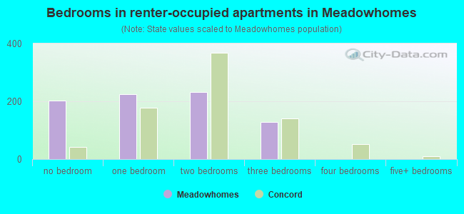 Bedrooms in renter-occupied apartments in Meadowhomes