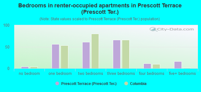 Bedrooms in renter-occupied apartments in Prescott Terrace (Prescott Ter.)
